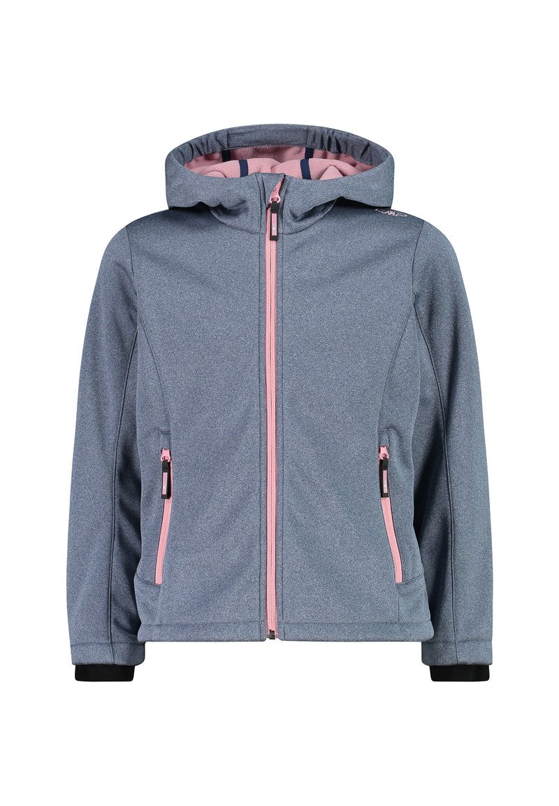Graue Softshelljacke mit pinkem Innenfutter, Front-Reißverschluss, zwei seitlichen Taschen und Kapuze. Mit elastischen Bündchen und kontrastierenden Reißverschlüssen.