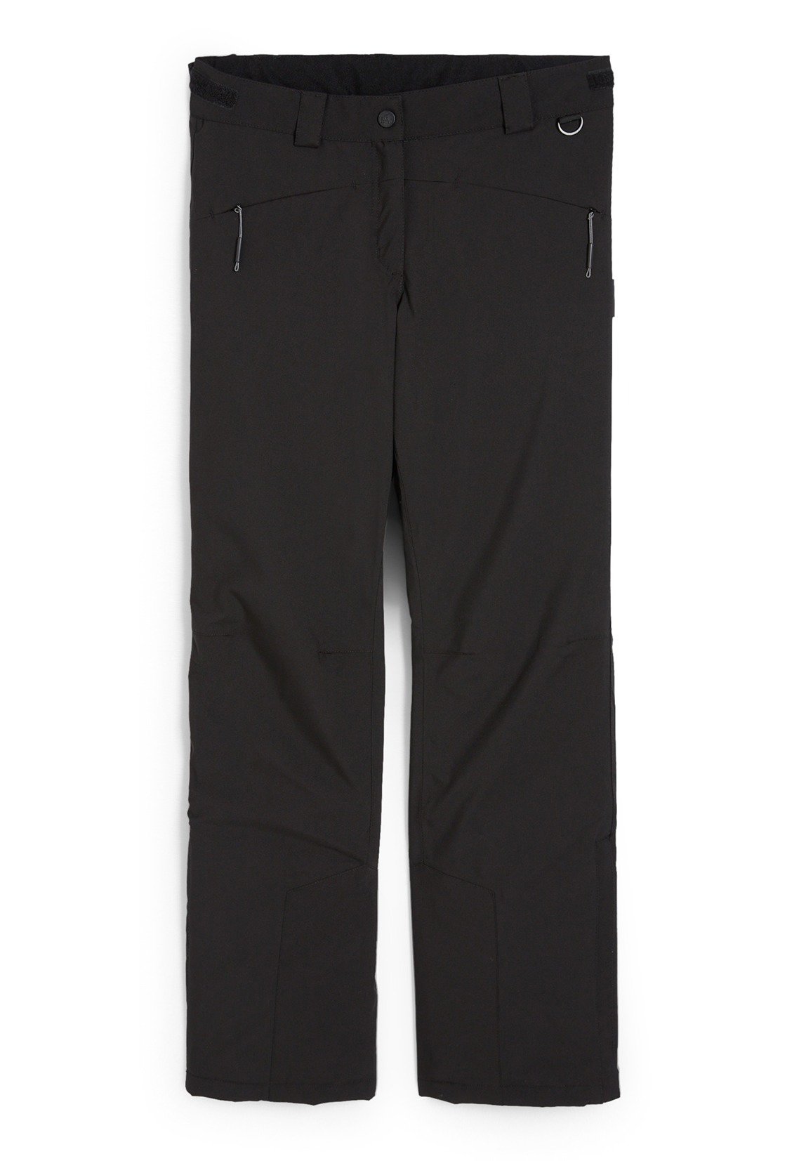 Schwarze Schnee-Hosen aus strapazierfähigem Material, mit gerader Passform, Reißverschlusstaschen und einem texturierten Bund mit einer Schlaufe für Accessoires.