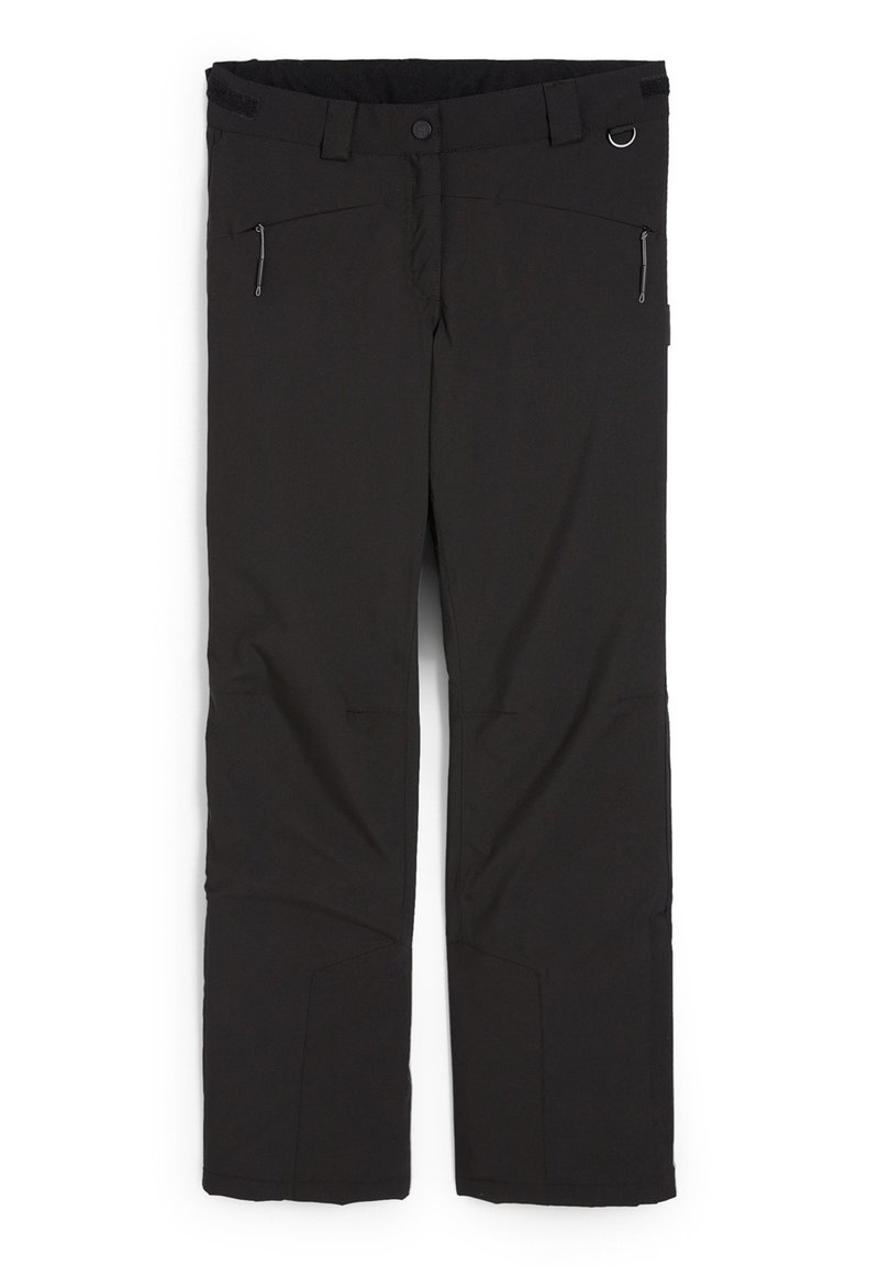Schwarze Schnee-Hosen aus strapazierfähigem Material, mit gerader Passform, Reißverschlusstaschen und einem texturierten Bund mit einer Schlaufe für Accessoires.