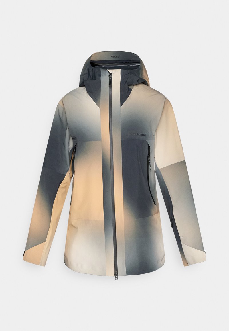 Kapuzente Outdoorjacke mit Frontreißverschluss, seitlichen Reißverschlusstaschen und Farbverlaufsblöcken in Beige-, Grau- und Schwarztönen.