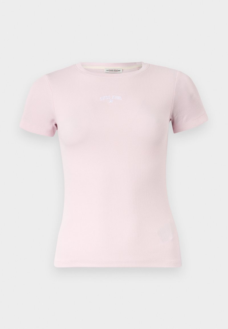 Hellrosa, kurzärmeliges, geripptes T-Shirt mit rundem Ausschnitt und kleinem weißem Logo-Text mittig auf der Brust.