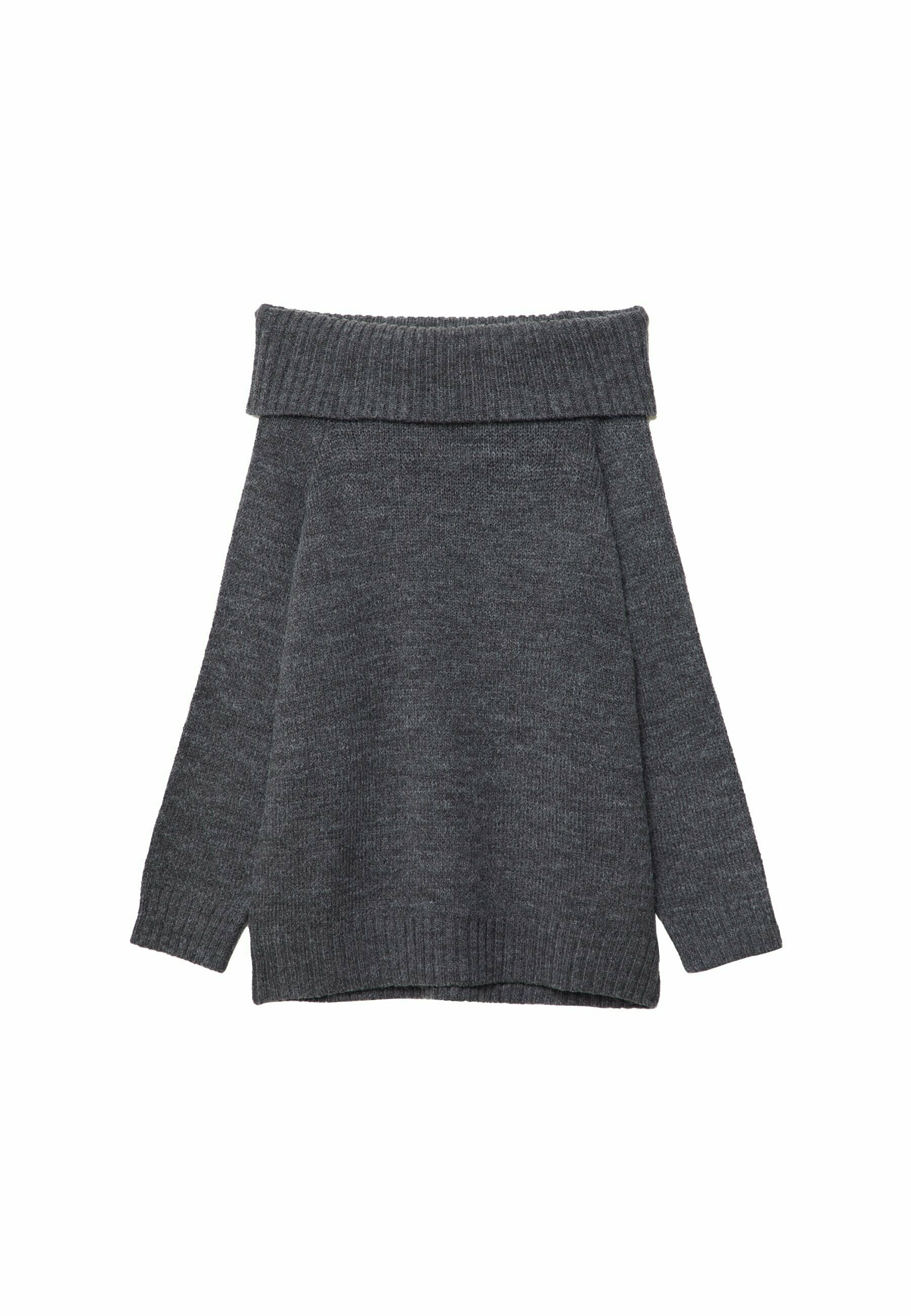 Dunkelgrauer Pullover mit weitem, geripptem, schulterfreiem Ausschnitt. Lange Ärmel und eine lockere Passform mit gerippten Bündchen und Saum. Weiche Textur.