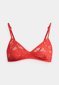 Rotes Spitzen-Bralette mit dreieckiger Form, dünnen verstellbaren Trägern und einem subtilen Blumenmuster auf dem gesamten Stoff.