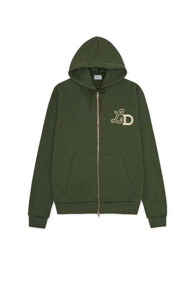 Olivgrüner Zip-Hoodie mit Kordelzug, vorderen Taschen, gerippten Bündchen und einem goldenen "LD"-Logo auf der linken Brust. Baumwollmischgewebe.