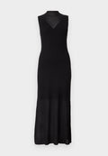Ärmelloses schwarzes, geripptes Maxikleid mit hohem Kragen und transparentem Einsatz oberhalb der Brust, figurbetont an den Hüften und ausgestelltem Saum.
