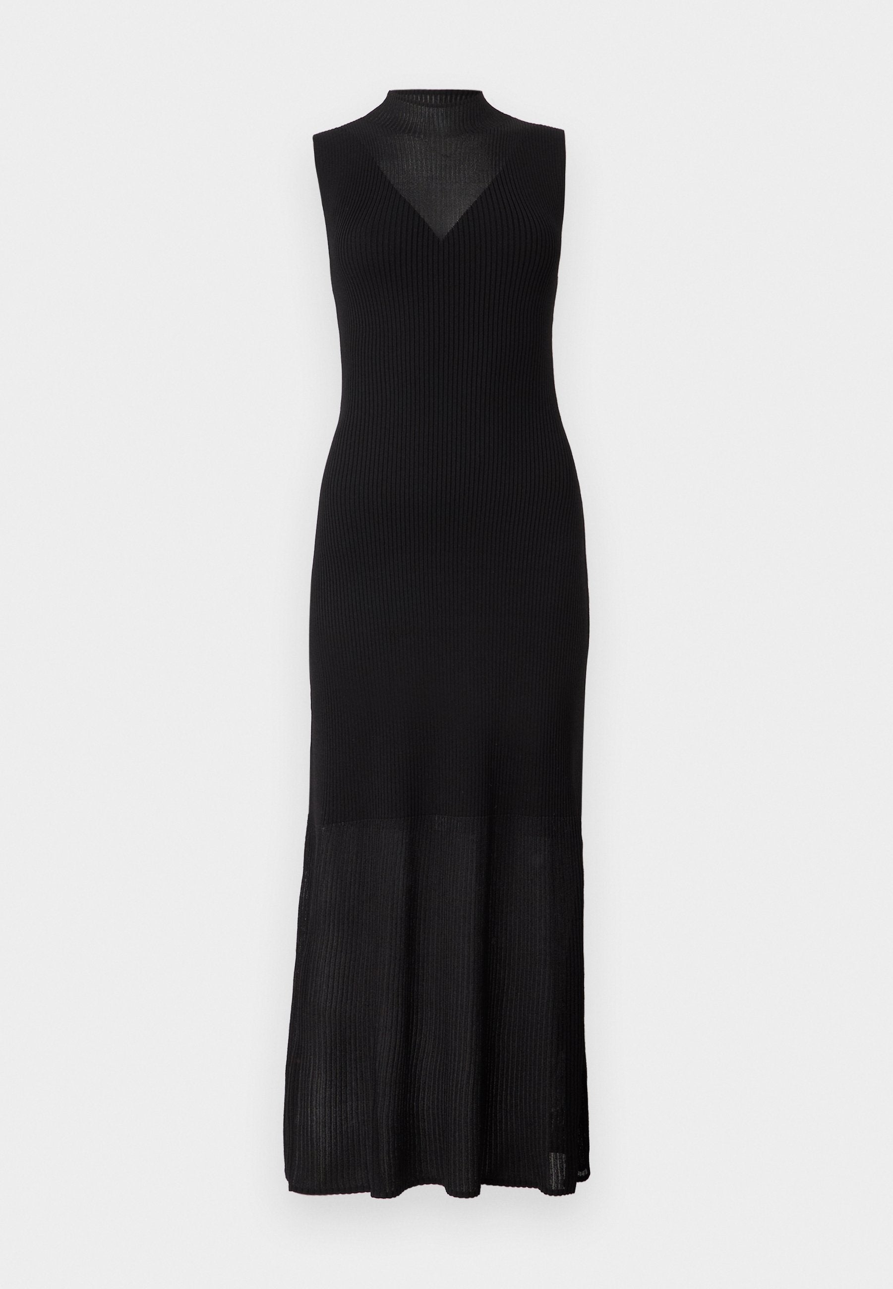 Ärmelloses schwarzes, geripptes Maxikleid mit hohem Kragen und transparentem Einsatz oberhalb der Brust, figurbetont an den Hüften und ausgestelltem Saum.