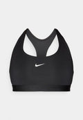 Schwarzer Sport-BH mit Racerback-Design, gefertigt aus einem glatten, dehnbaren Stoff. Mit einem weißen Nike-Logo auf der Vorderseite und einem breiten unteren Bund.