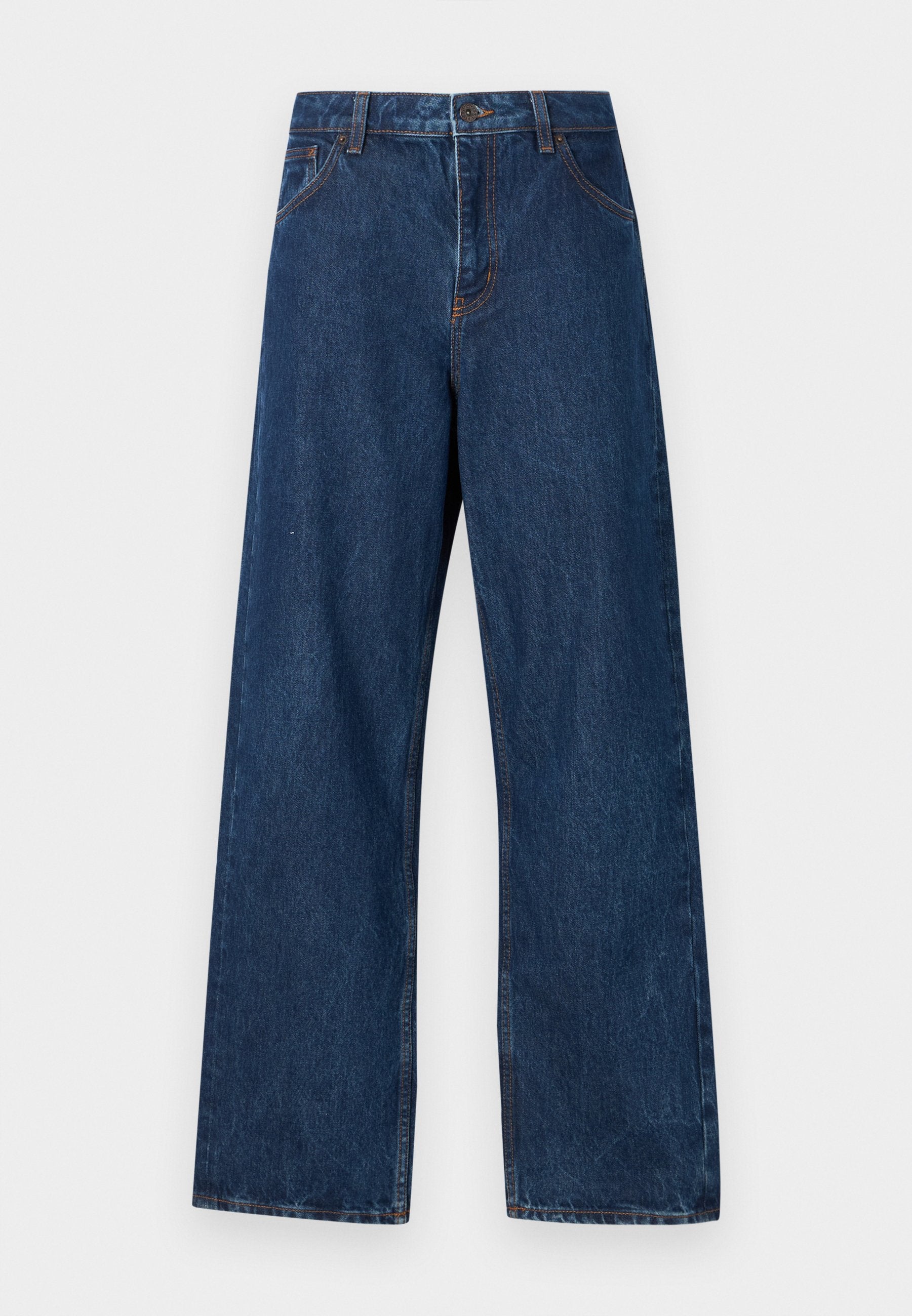 Dunkelblaue weitgeschnittene Jeans aus Denim mit klassischem Fünf-Taschen-Design. Mit Kontrastnähten und einem Frontknopfverschluss.