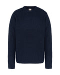 Marineblauer Strickpullover mit rundem Halsausschnitt, strukturiertem Strickmuster sowie gerippten Bündchen und Saum. Hergestellt aus Garn und bietet ein warmes Aussehen.