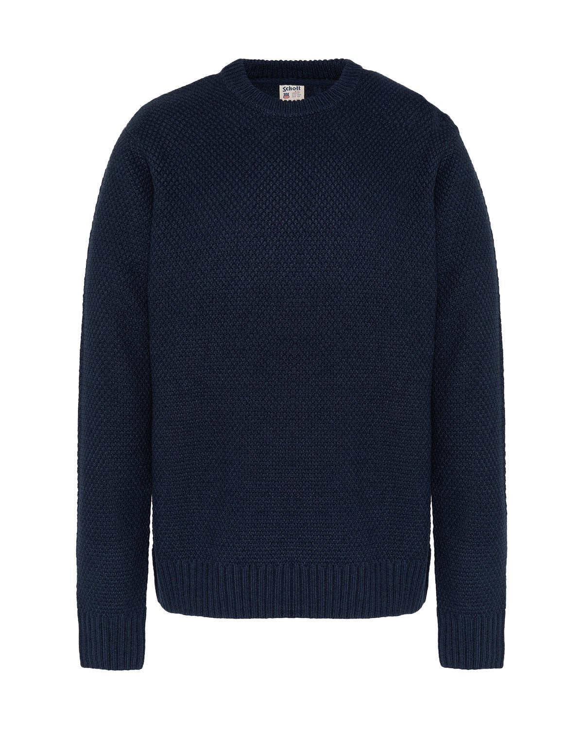 Marineblauer Strickpullover mit rundem Halsausschnitt, strukturiertem Strickmuster sowie gerippten Bündchen und Saum. Hergestellt aus Garn und bietet ein warmes Aussehen.