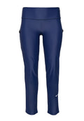 Marineblaue Sportleggings aus glattem, dehnbarem Stoff. Verfügt über einen breiten Bund, seitliche Taschen und ein kleines weißes Logo am unteren Bein.