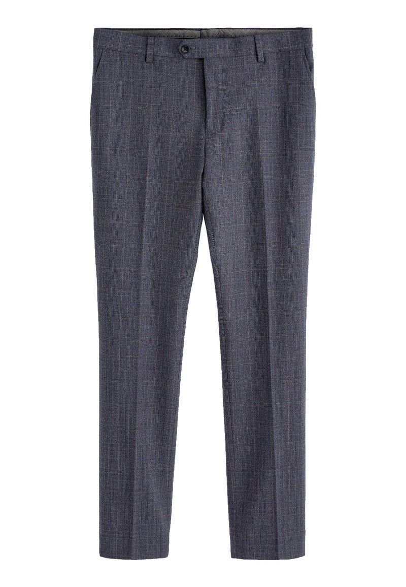 Herren maßgeschneiderte graue Slim-Fit-Anzughose mit subtilen Karomuster, Gürtelschlaufen und geradem Knopfverschluss.
