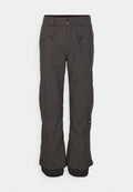 Dunkelgraue Schneeüberhose aus strapazierfähigem Material, mit Reißverschlusstaschen, verstellbarem Bund und elastischen Bündchen an den Knöcheln.