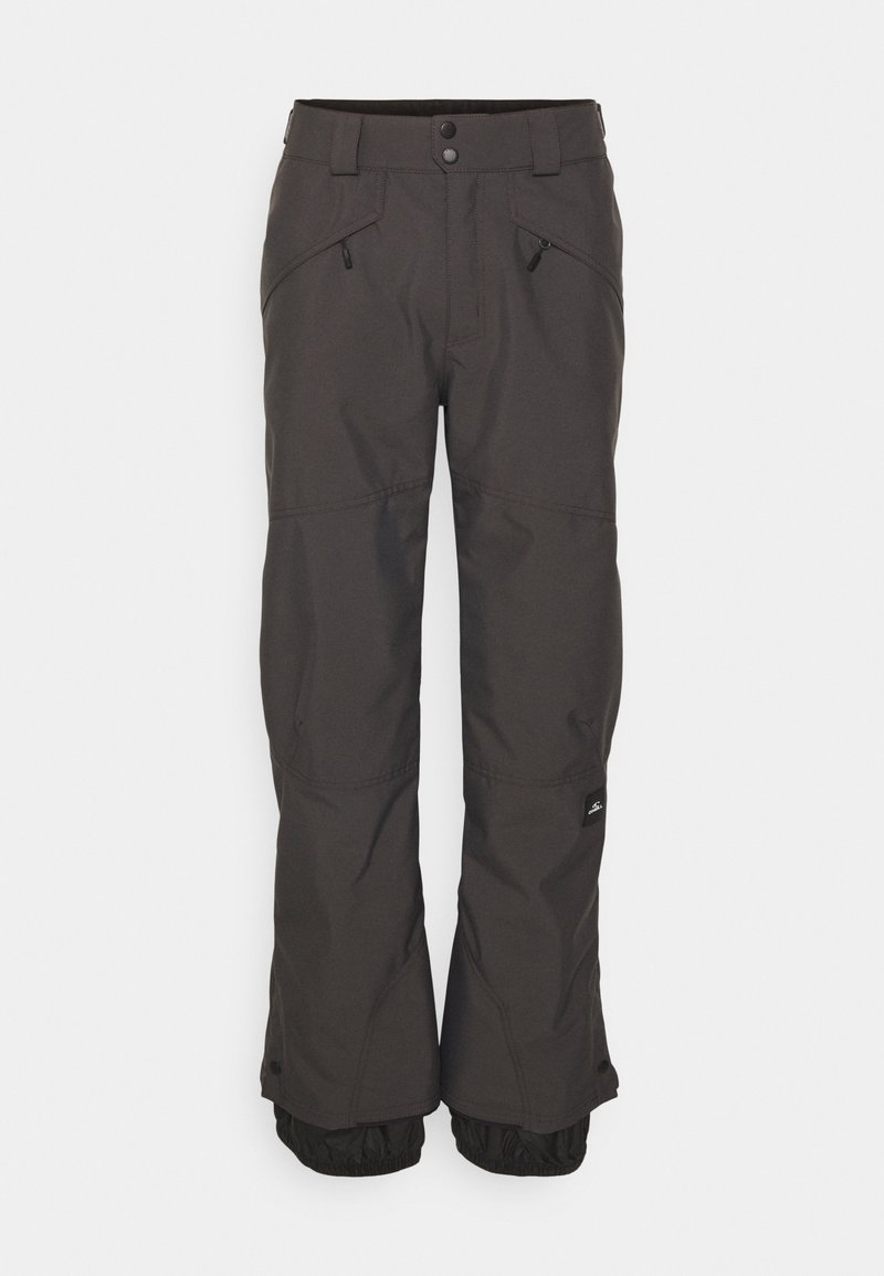 Dunkelgraue Schneeüberhose aus strapazierfähigem Material, mit Reißverschlusstaschen, verstellbarem Bund und elastischen Bündchen an den Knöcheln.
