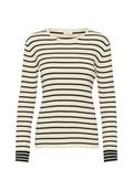 Rippstrick-Langarmpullover mit horizontalen schwarzen und cremefarbenen Streifen, Rundhalsausschnitt und taillierter Silhouette.