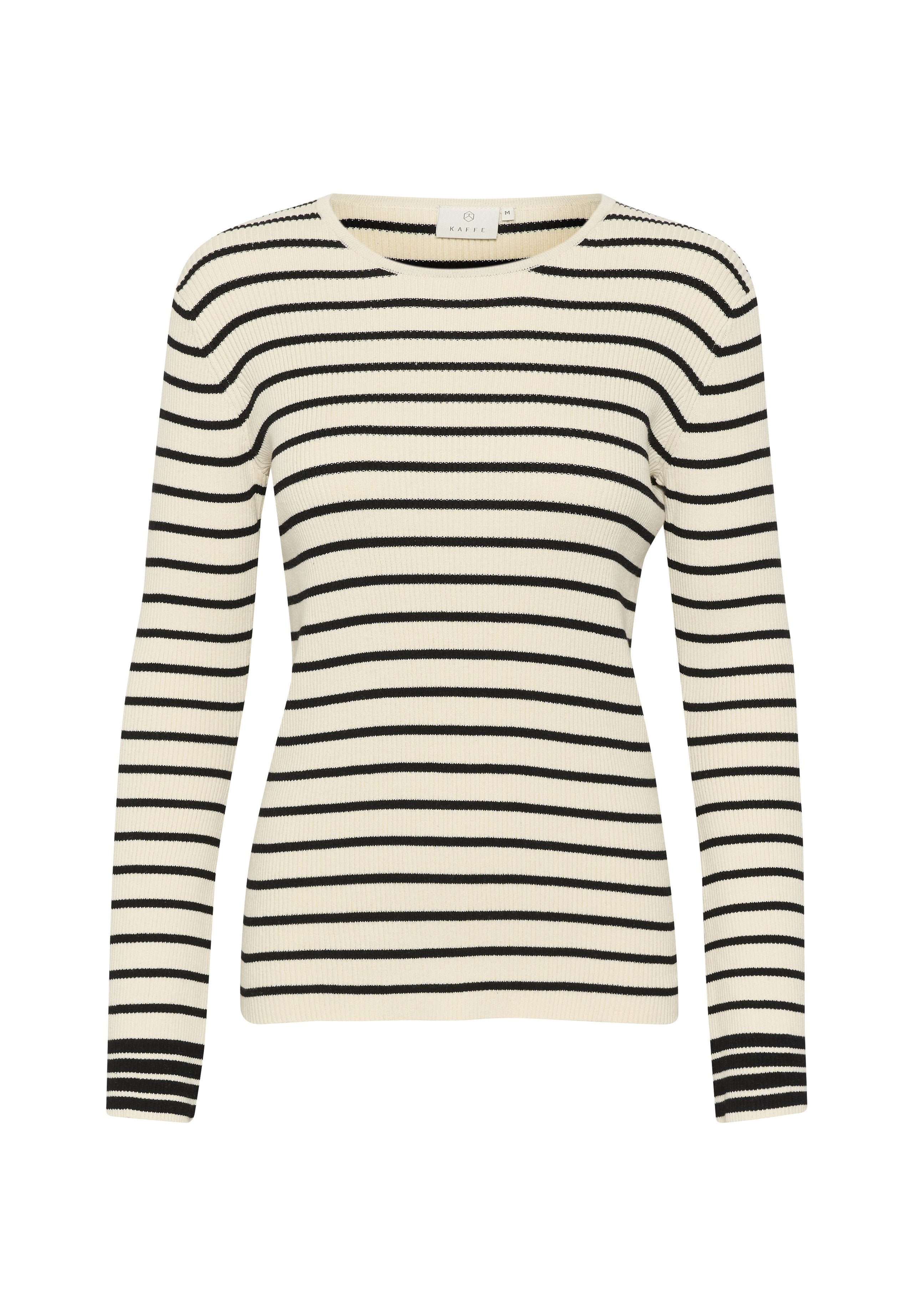 Rippstrick-Langarmpullover mit horizontalen schwarzen und cremefarbenen Streifen, Rundhalsausschnitt und taillierter Silhouette.
