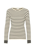 Rippstrick-Langarmpullover mit horizontalen schwarzen und cremefarbenen Streifen, Rundhalsausschnitt und taillierter Silhouette.