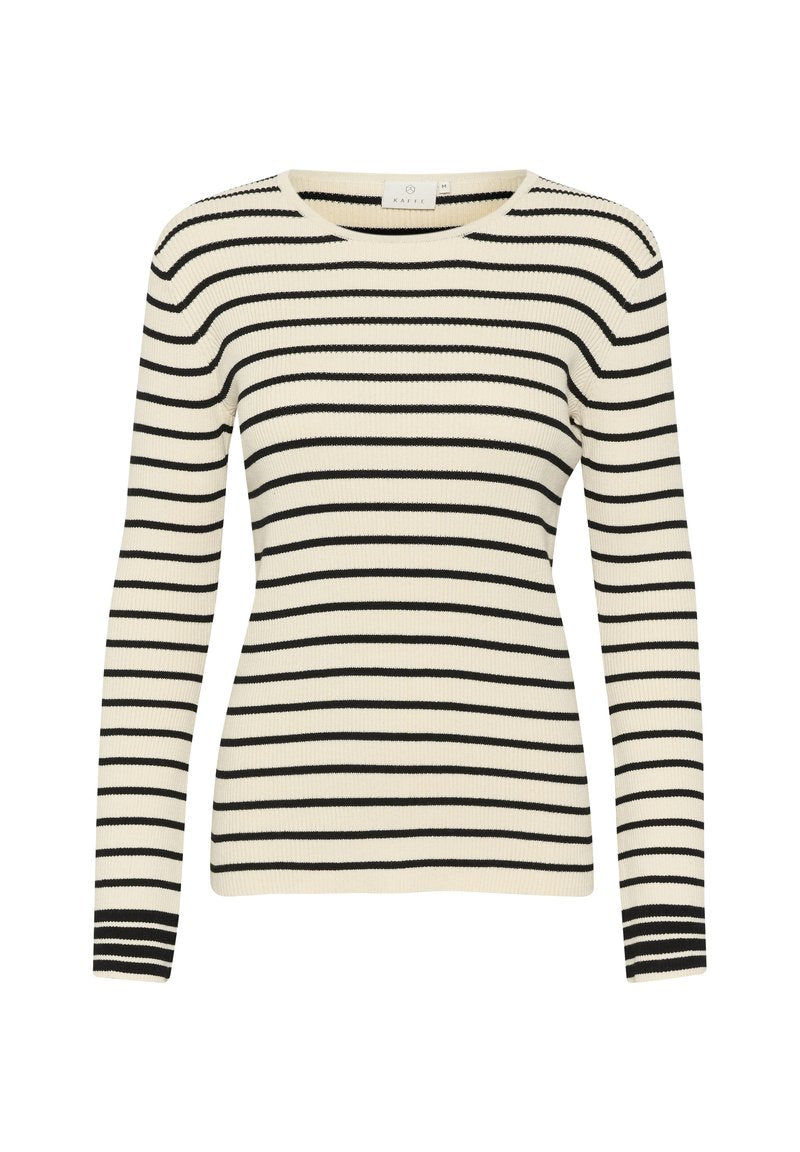 Rippstrick-Langarmpullover mit horizontalen schwarzen und cremefarbenen Streifen, Rundhalsausschnitt und taillierter Silhouette.