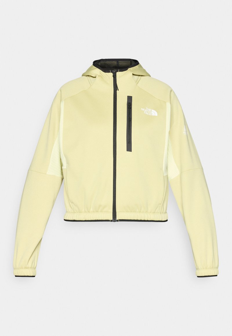 Hellgelbe kurze Jacke mit Kapuze, Frontreißverschluss und schwarzen Akzenten. Mit langen Ärmeln und einer Reißverschlusstasche auf der Brust.