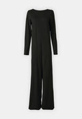 Schwarzer Overall aus weichem Stoff, mit langen Ärmeln, geradem Schnitt und rundem Ausschnitt. Minimalistisches Design ohne sichtbare Akzente.