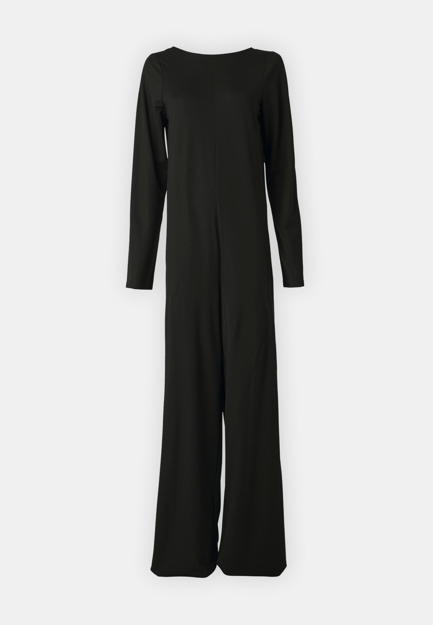 Schwarzer Overall aus weichem Stoff, mit langen Ärmeln, geradem Schnitt und rundem Ausschnitt. Minimalistisches Design ohne sichtbare Akzente.