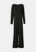 Schwarzer Overall aus weichem Stoff, mit langen Ärmeln, geradem Schnitt und rundem Ausschnitt. Minimalistisches Design ohne sichtbare Akzente.