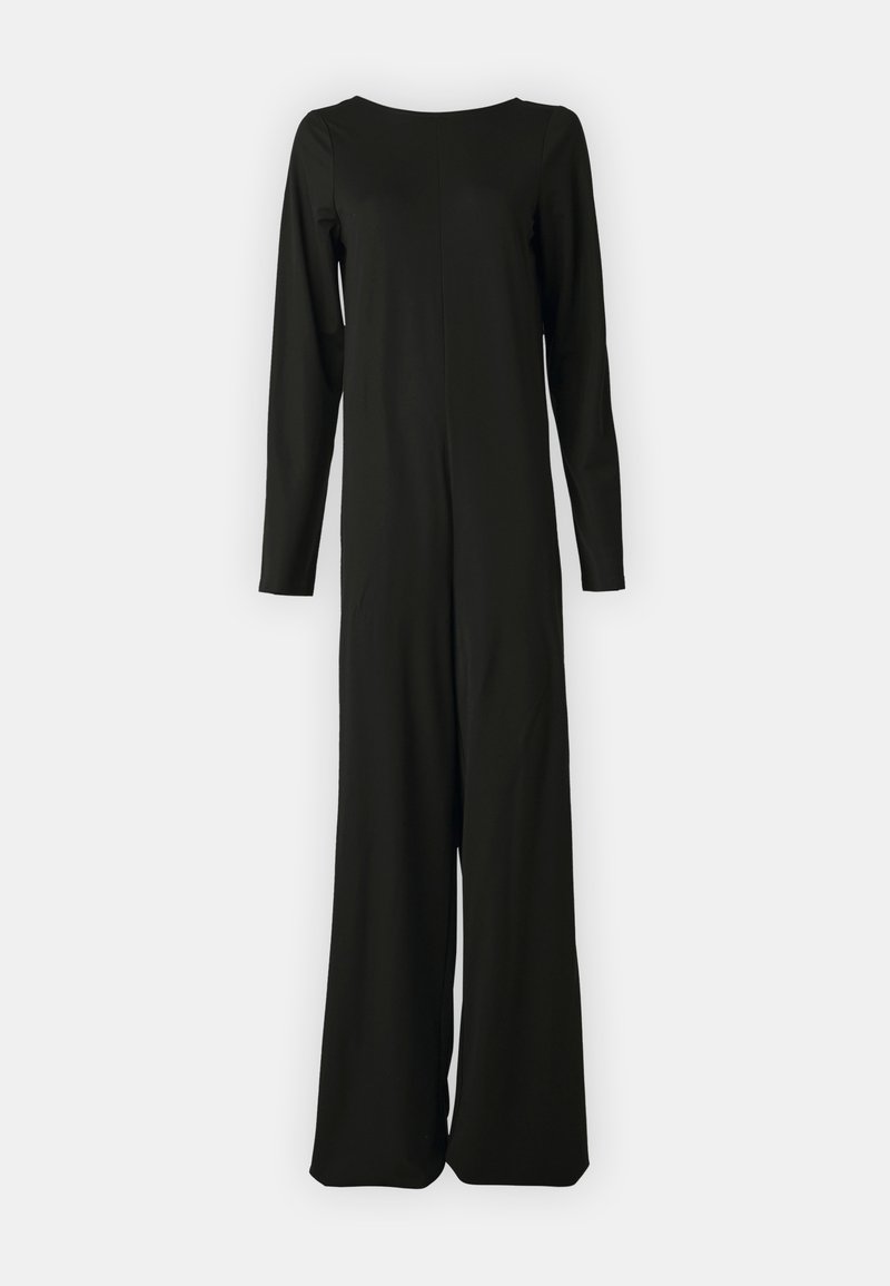 Schwarzer Overall aus weichem Stoff, mit langen Ärmeln, geradem Schnitt und rundem Ausschnitt. Minimalistisches Design ohne sichtbare Akzente.