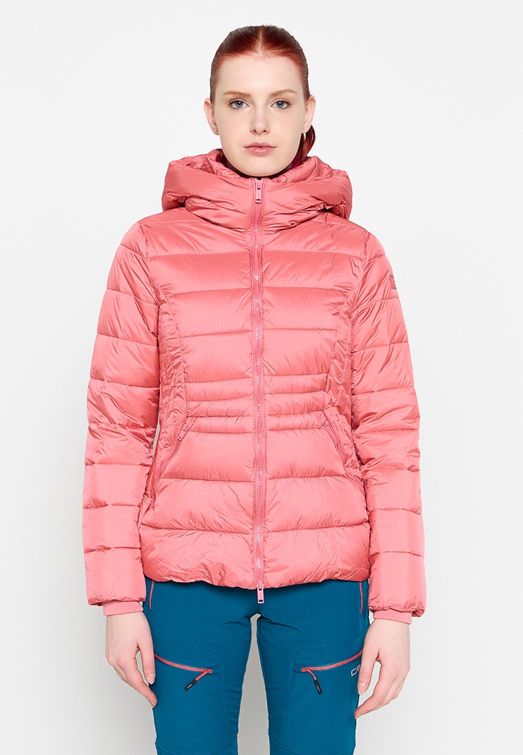 Rosa Puffer-Jacke mit einem Reißverschluss vorne, gepolstertem Design und verstellbare Kapuze. Verfügt über eine glatte Textur und gesteppten Abschnitten.