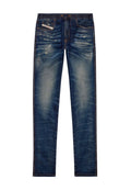 Schmal geschnittene blaue Denim-Jeans mit elastischem Bund, Kordelzug, verblassten und abgenutzten Details sowie Fronttaschen mit einem kleinen Etikett.