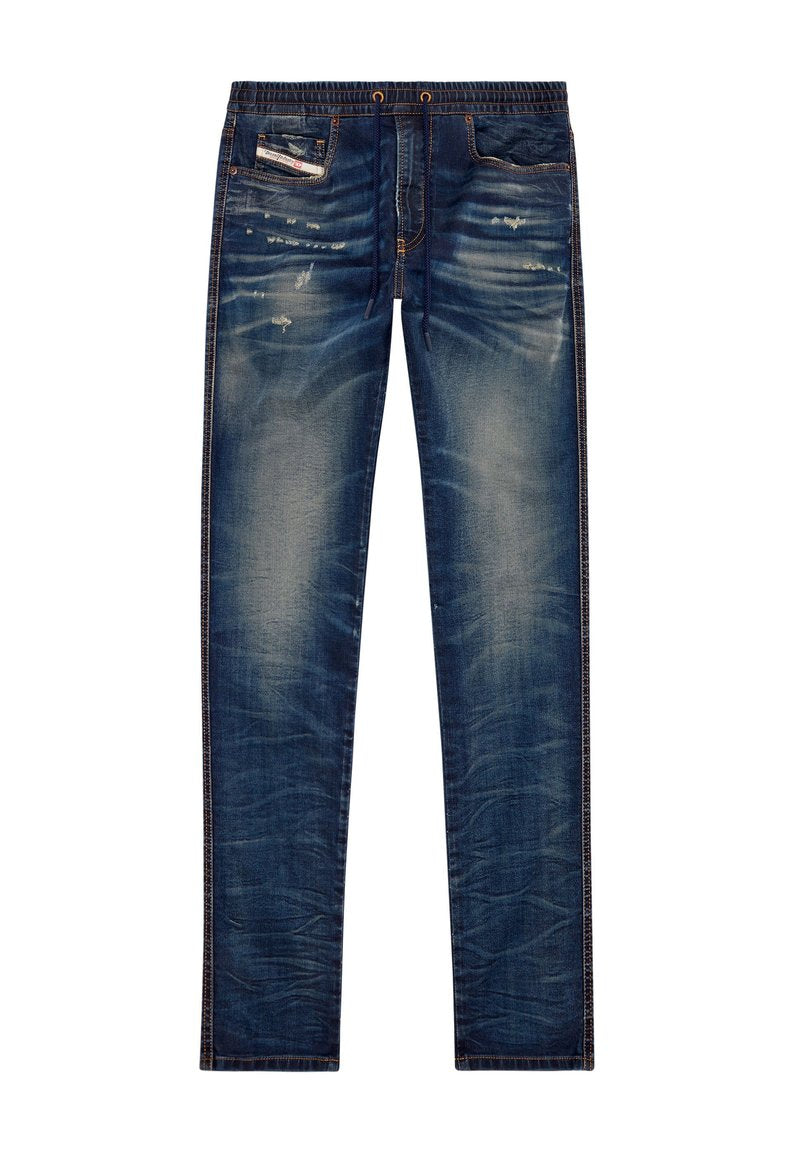 Schmal geschnittene blaue Denim-Jeans mit elastischem Bund, Kordelzug, verblassten und abgenutzten Details sowie Fronttaschen mit einem kleinen Etikett.