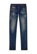 Schmal geschnittene blaue Denim-Jeans mit elastischem Bund, Kordelzug, verblassten und abgenutzten Details sowie Fronttaschen mit einem kleinen Etikett.