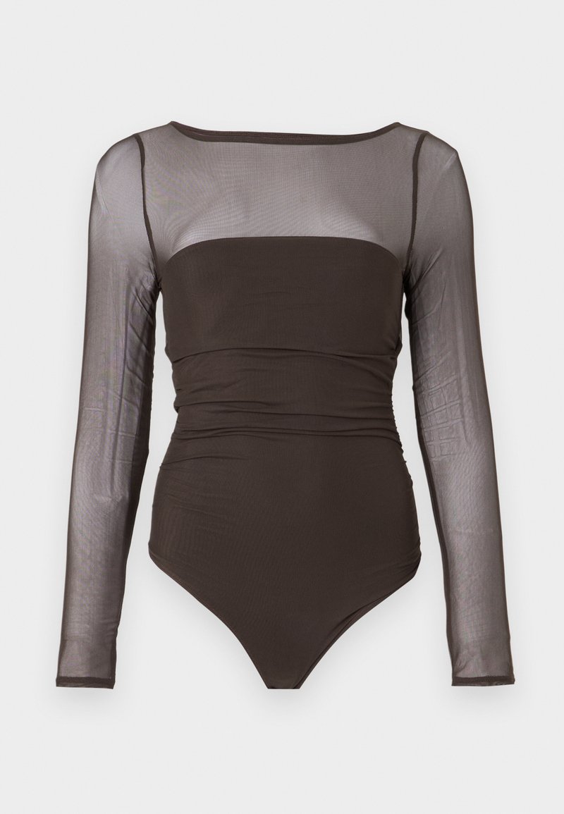 Langärmliger Body aus dunkelbraunem Stoff; hat ein figurbetontes Design mit einem quadratischen Ausschnitt und durchsichtigen Ärmeln. Strukturierte Akzente an den Ärmeln.