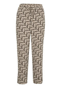 Luftige Hose aus weichem Stoff mit einem geometrischen Muster in Creme, Braun und Schwarz. Elastischer Bund mit Kordelzug.