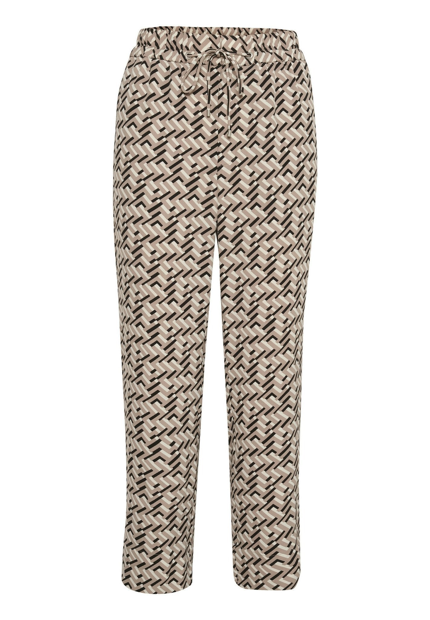 Luftige Hose aus weichem Stoff mit einem geometrischen Muster in Creme, Braun und Schwarz. Elastischer Bund mit Kordelzug.