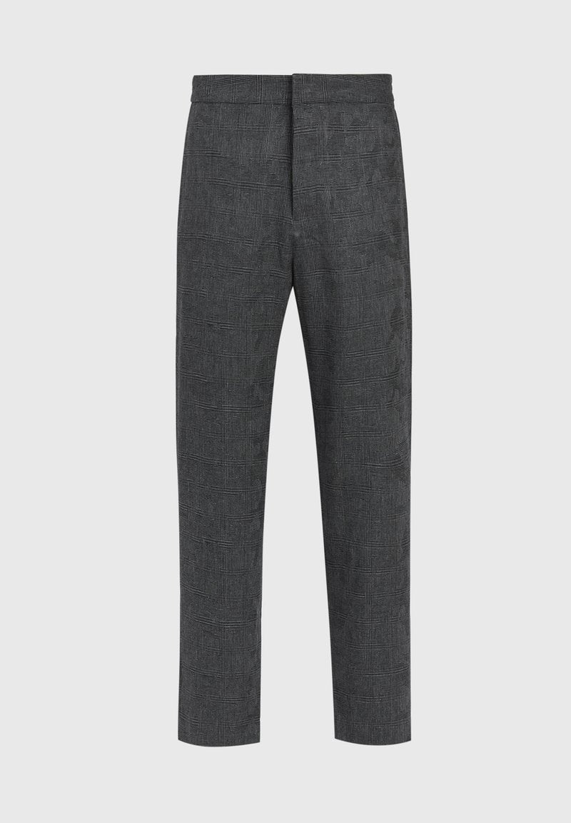 Graue Hose mit strukturiertem Muster, geradem Schnitt und mittelhohem Bund. Besteht aus einem schlichten Design ohne sichtbare Verzierungen.