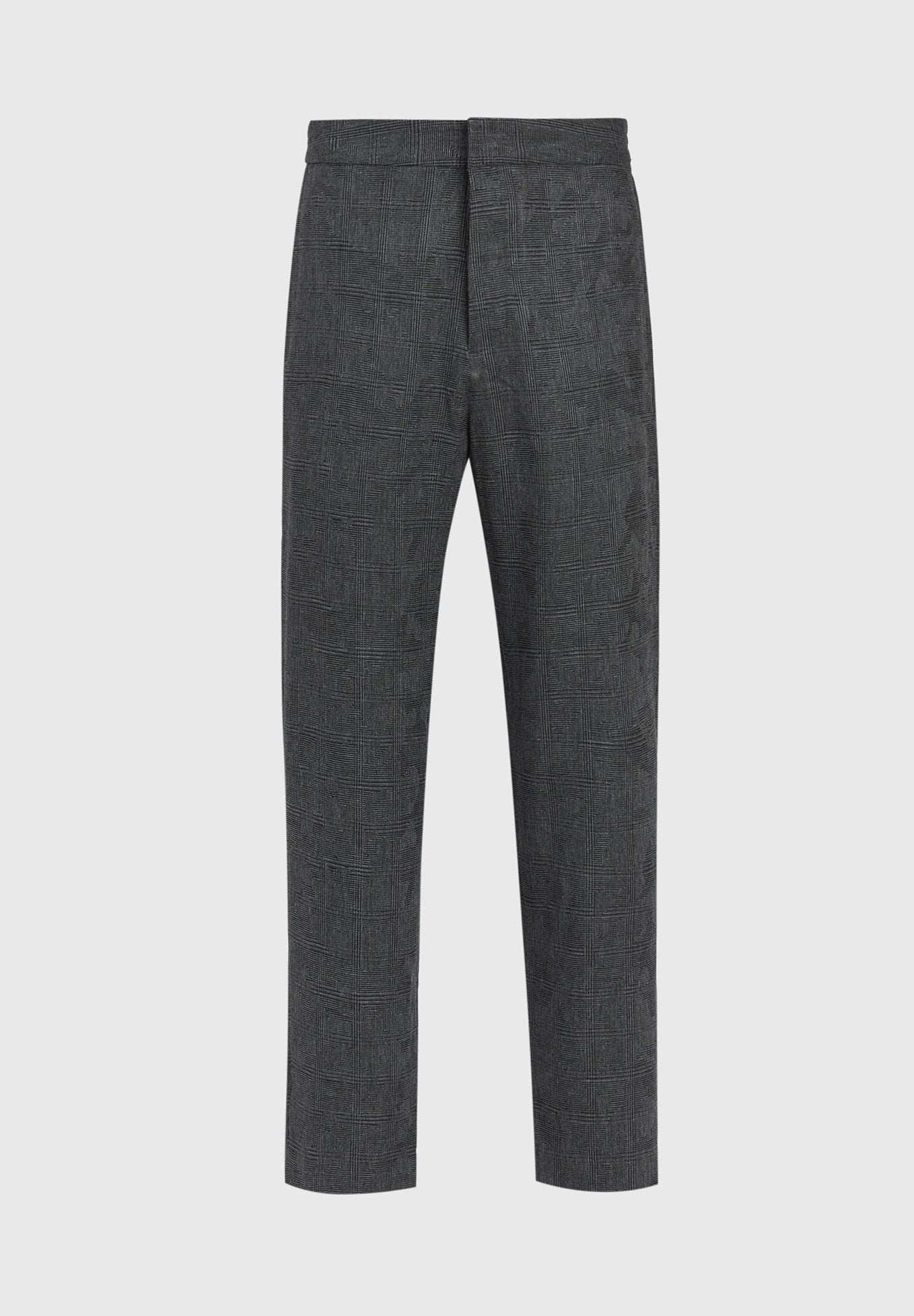Graue Hose mit strukturiertem Muster, geradem Schnitt und mittelhohem Bund. Besteht aus einem schlichten Design ohne sichtbare Verzierungen.