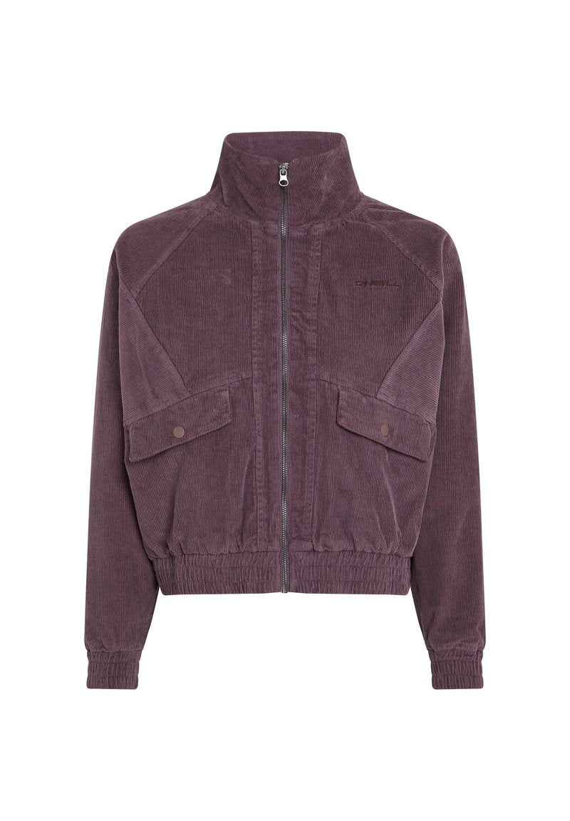 Lila Corduroy-Zip-Jacke mit hohem Kragen, elastischem Bund, mit Knöpfen versehenen Klappentaschen und langen Ärmeln mit elastischen Bündchen.