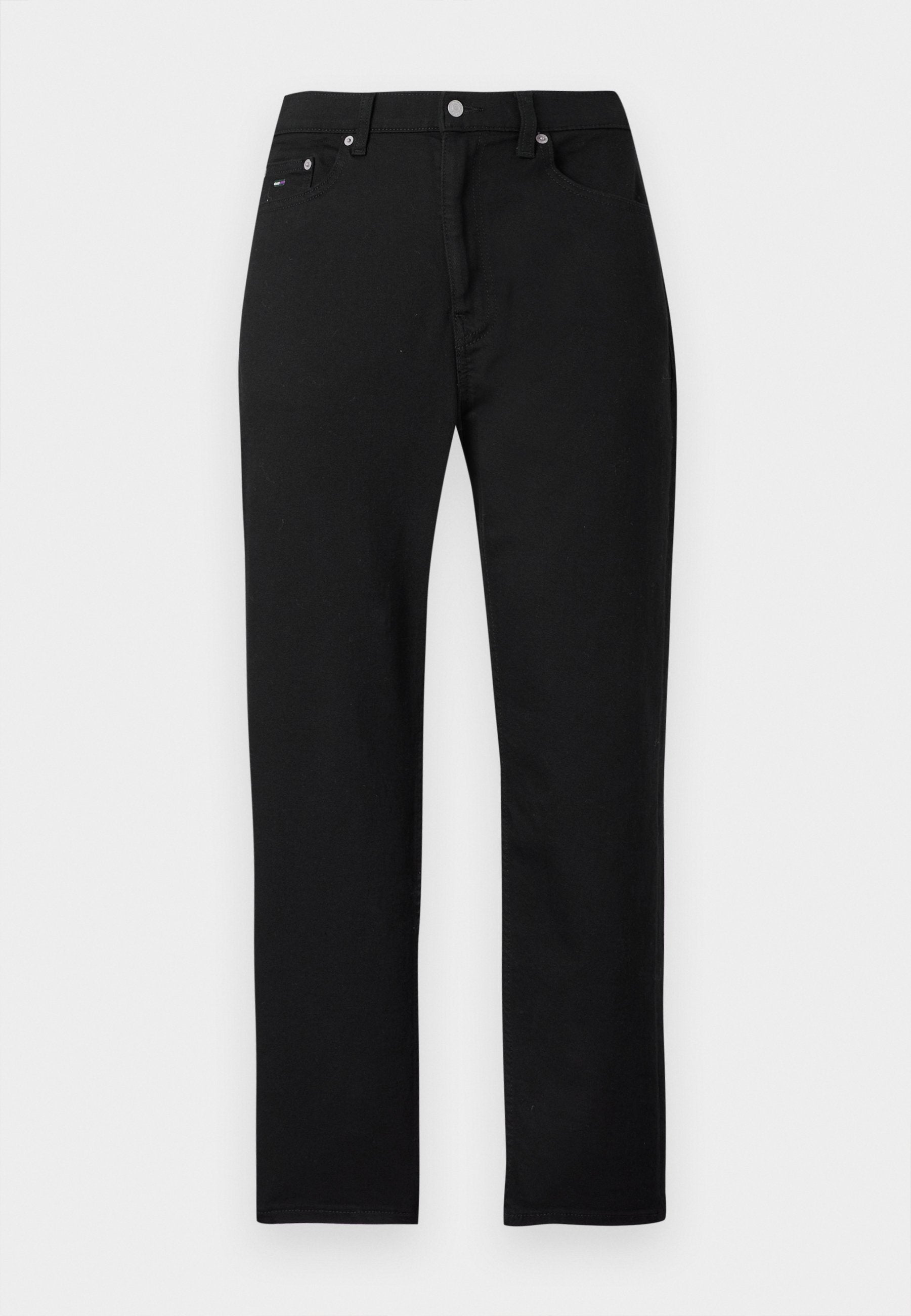 Schwarze Denim-Jeans mit geradem Bein, fünf Taschen, silbernen Knöpfen und Nietenakzenten sowie einer glatten Textur.