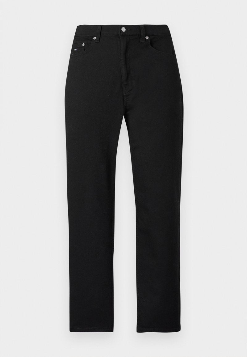 Schwarze Denim-Jeans mit geradem Bein, fünf Taschen, silbernen Knöpfen und Nietenakzenten sowie einer glatten Textur.
