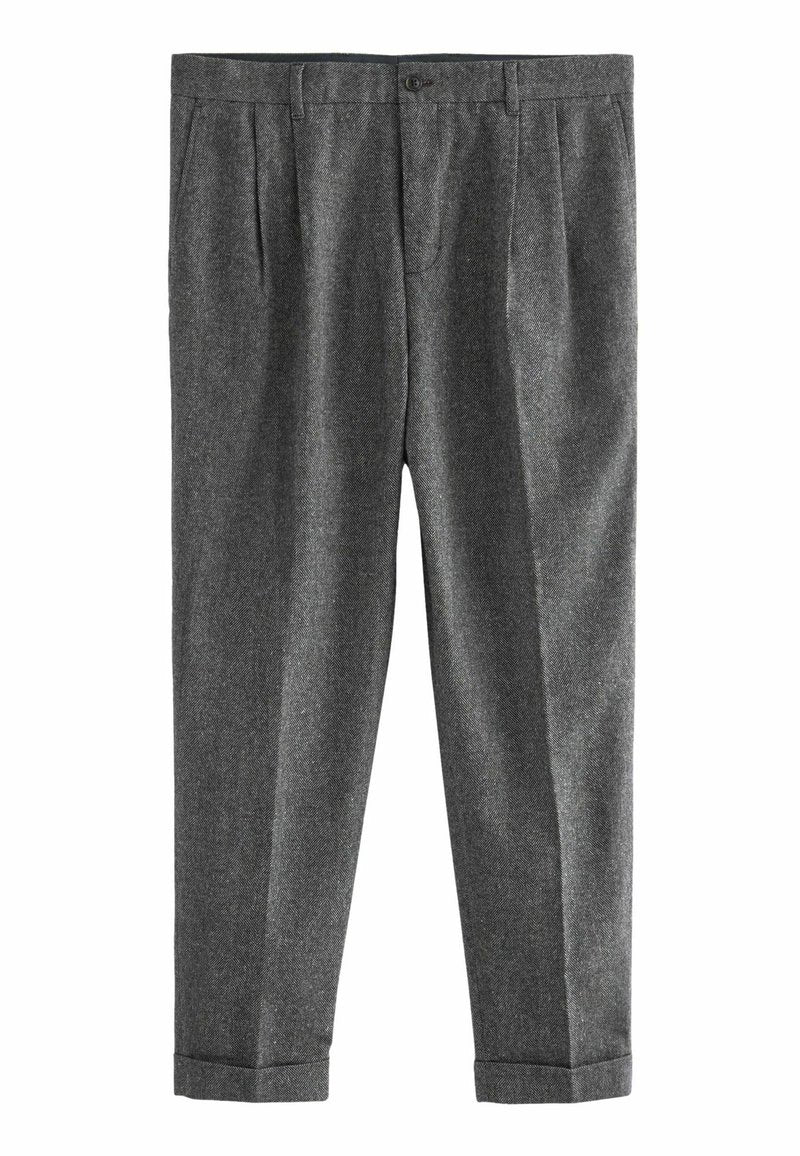 Graue maßgeschneiderte Hose aus strukturiertem Stoff, mit Falten, einem umgeschlagenen Saum und einem einzigen Knopfverschluss an der Taille.