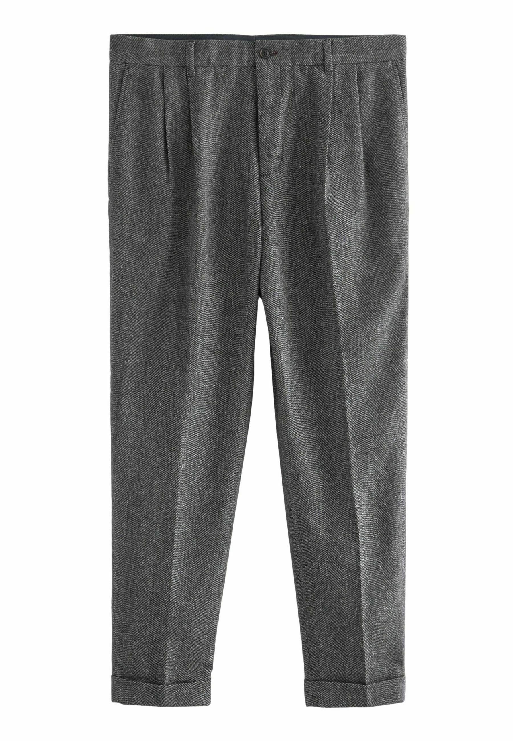 Graue maßgeschneiderte Hose aus strukturiertem Stoff, mit Falten, einem umgeschlagenen Saum und einem einzigen Knopfverschluss an der Taille.
