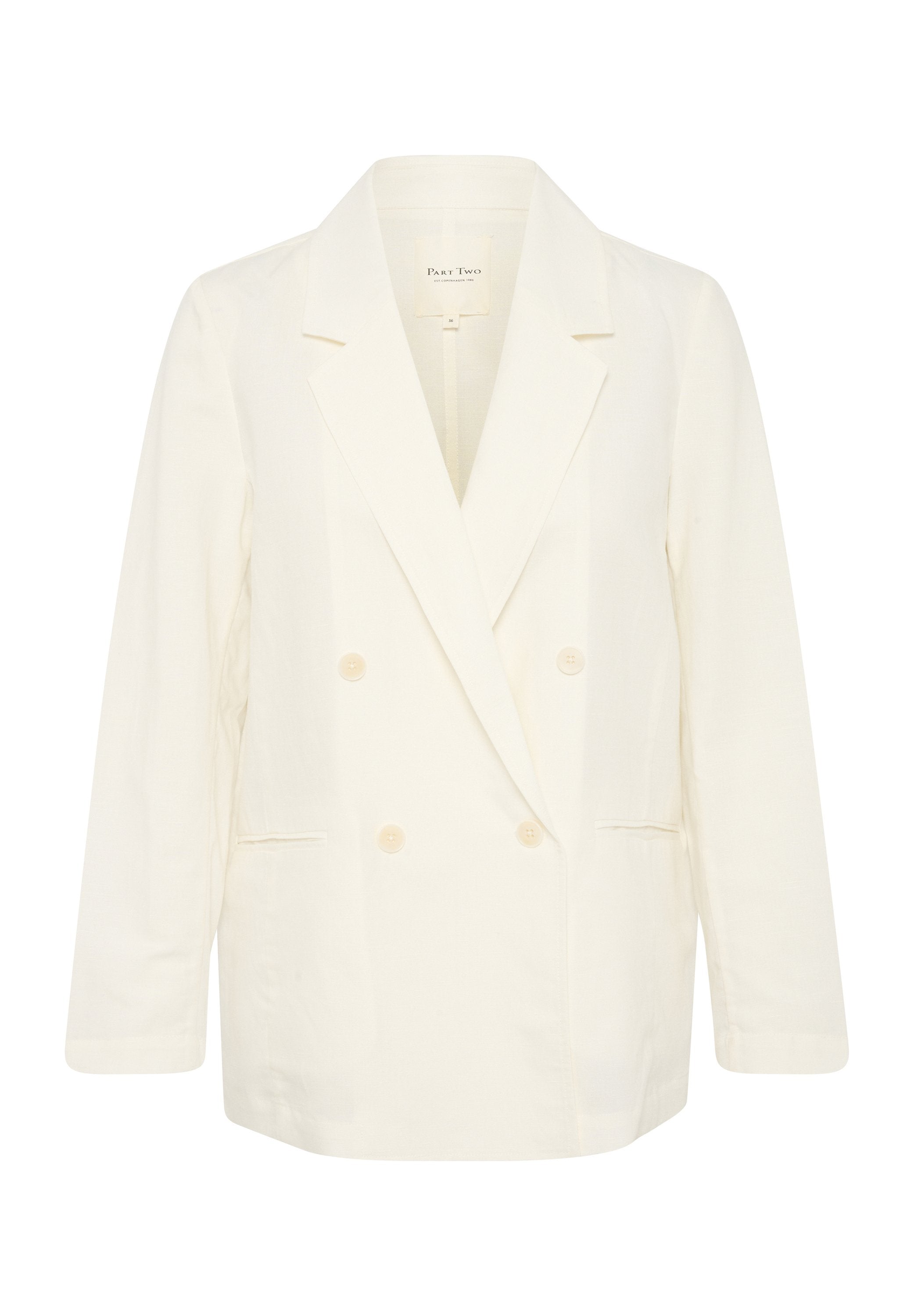 Doppelt geknöpfter Blazer aus hellweißem Leinen. Mit großen Revers, zwei Fronttaschen und zwei passenden Knöpfen. Glatte, leichte Textur.