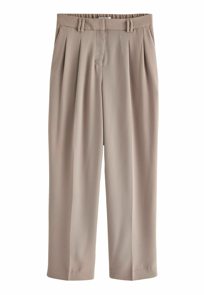 Beige Hose mit einem lockeren Schnitt, ausgestattet mit einem plissierten Frontbereich, elastischem Bund und geraden Beinen. Hergestellt aus glattem, leichtem Stoff.