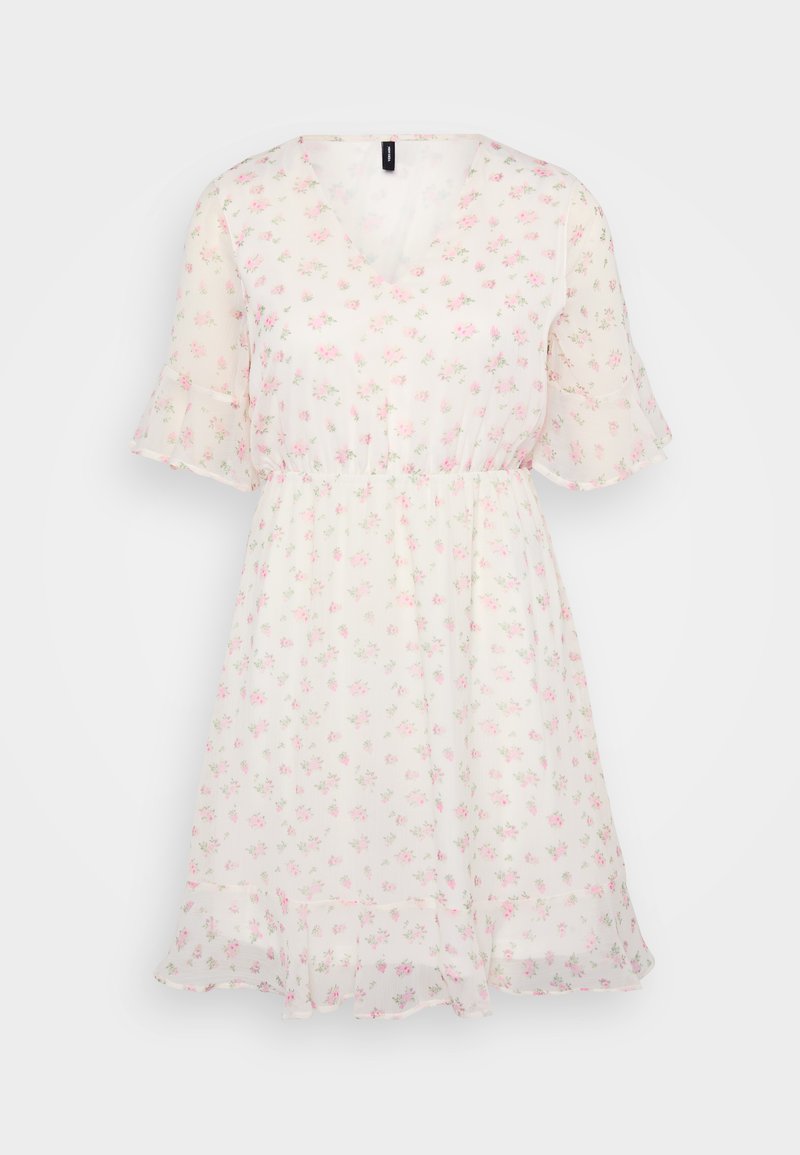 Florales Kleid aus leichtem, durchscheinendem Stoff; mit einem V-Ausschnitt, kurzen, gerafften Ärmeln, elastischem Bund und einem schwingenden Rock mit einem gerafften Saum.