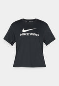 Schwarzes Nike Pro T-Shirt mit kurzen Ärmeln, versehen mit einem auffälligen weißen Logo in der Mitte, aus glattem, atmungsaktivem Stoff gefertigt.