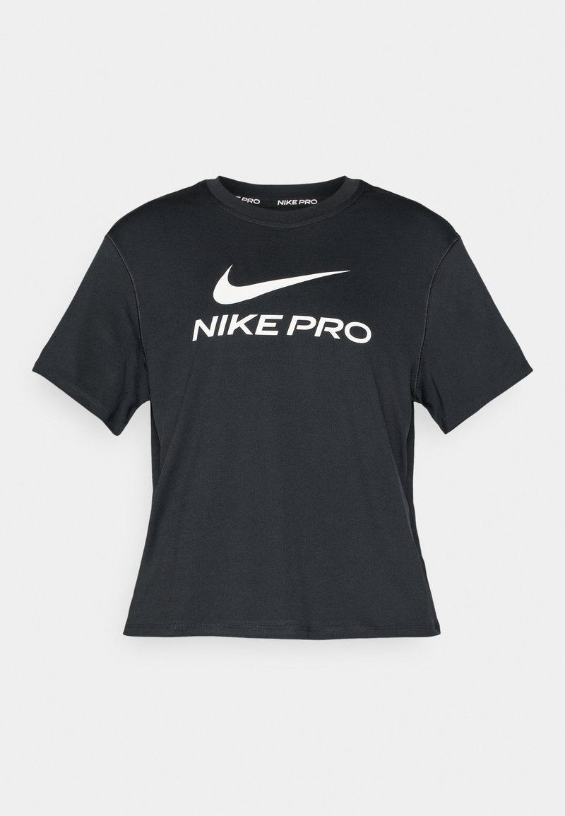 Schwarzes Nike Pro T-Shirt mit kurzen Ärmeln, versehen mit einem auffälligen weißen Logo in der Mitte, aus glattem, atmungsaktivem Stoff gefertigt.