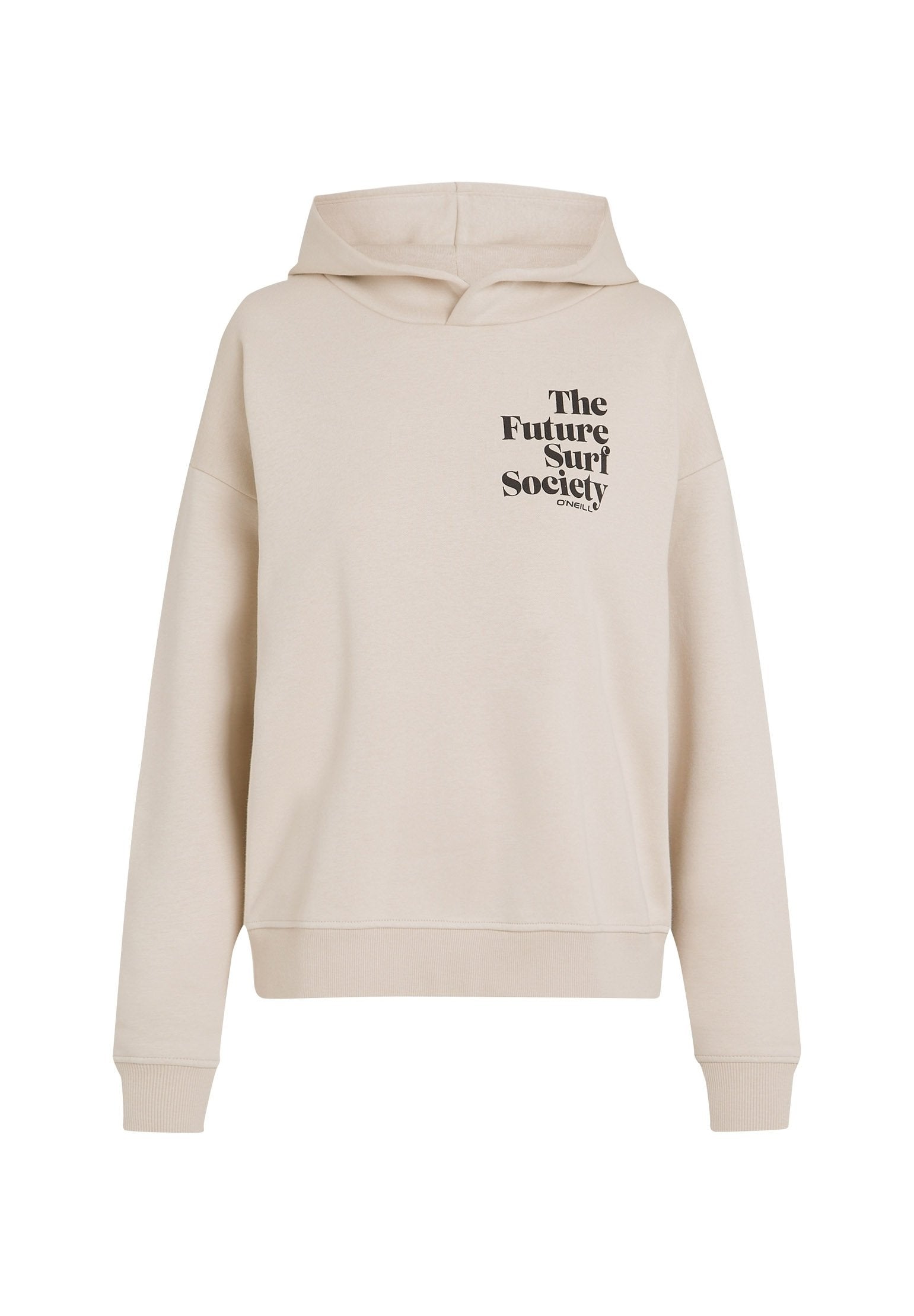 Beige Kapuzenpullover mit einem großen Frontdruck "The Future Surf Society", ausgestattet mit einem entspannten Schnitt, einer Kordelzugkapuze und gerippten Bündchen.