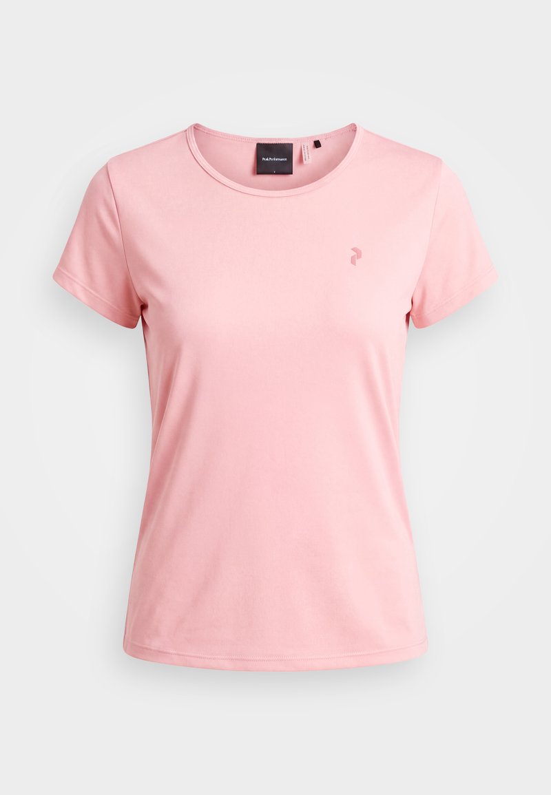 Hellrosa T-Shirt mit kurzen Ärmeln und Rundhalsausschnitt, kleines Logo auf der linken Brust, auf hellem Hintergrund dargestellt.