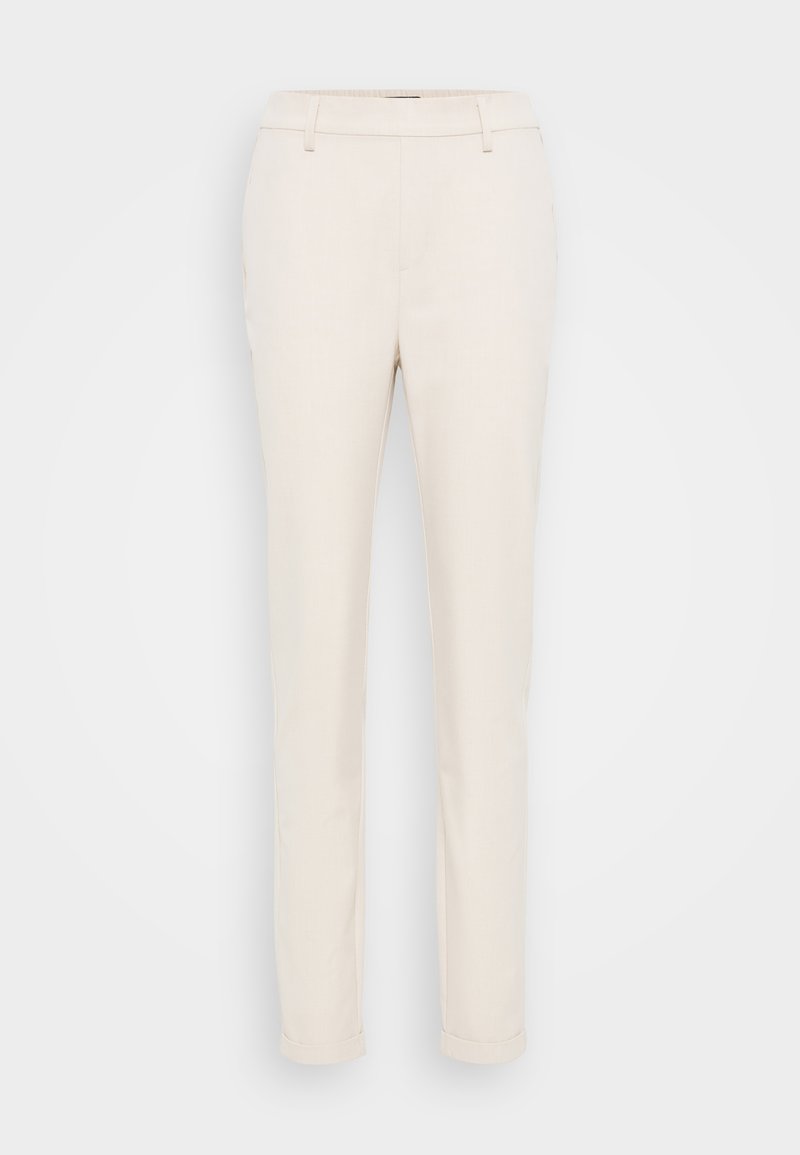 Beige, maßgeschneiderte Hose aus leichtem Stoff; schmaler Schnitt mit flachem Vorderteil, Gürtelschlaufen und Seitentaschen. Glatte Textur, keine sichtbaren Muster.