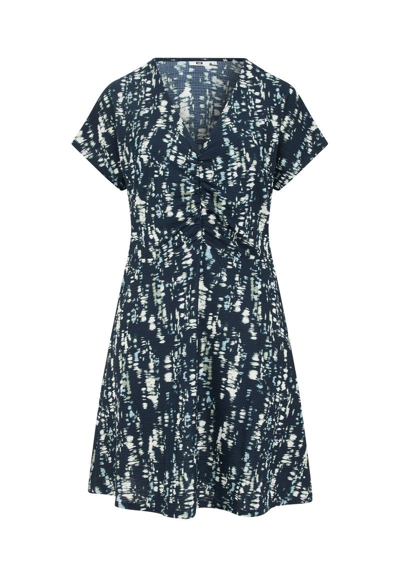Navyblaues Kleid mit kurzen Ärmeln und Wickeldesign, das mit einer Textur von weißen abstrakten Mustern versehen ist.